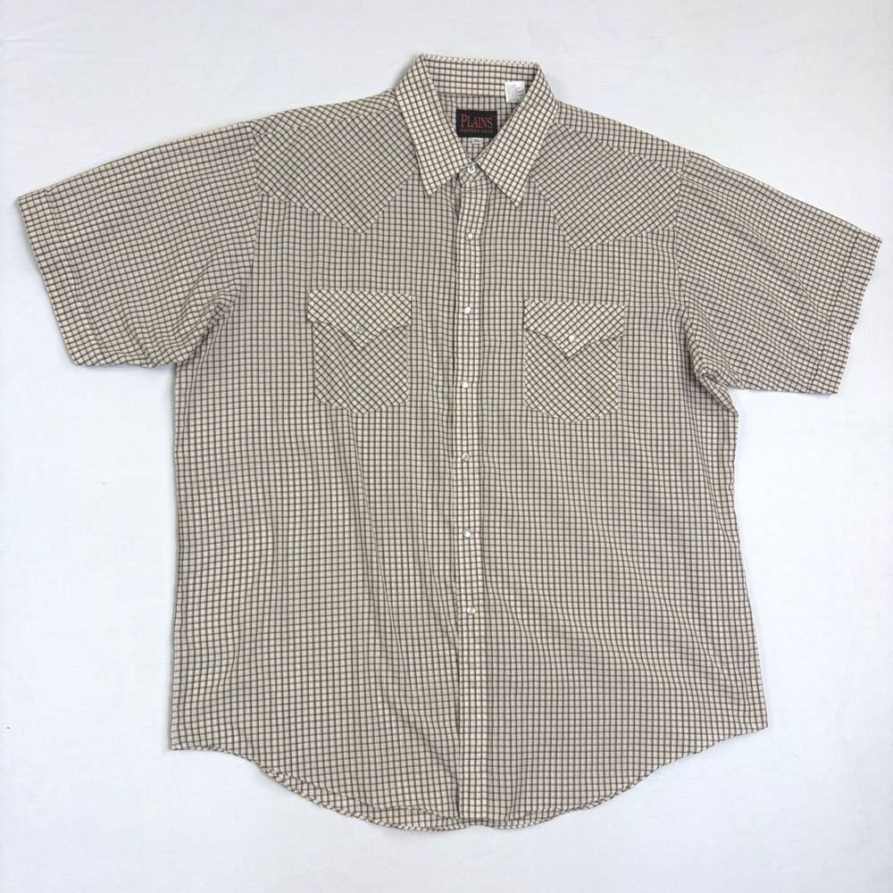 Plains Western Wear Mens XL Tan Brown Check Pearl Snap Short Sleeve Shirt